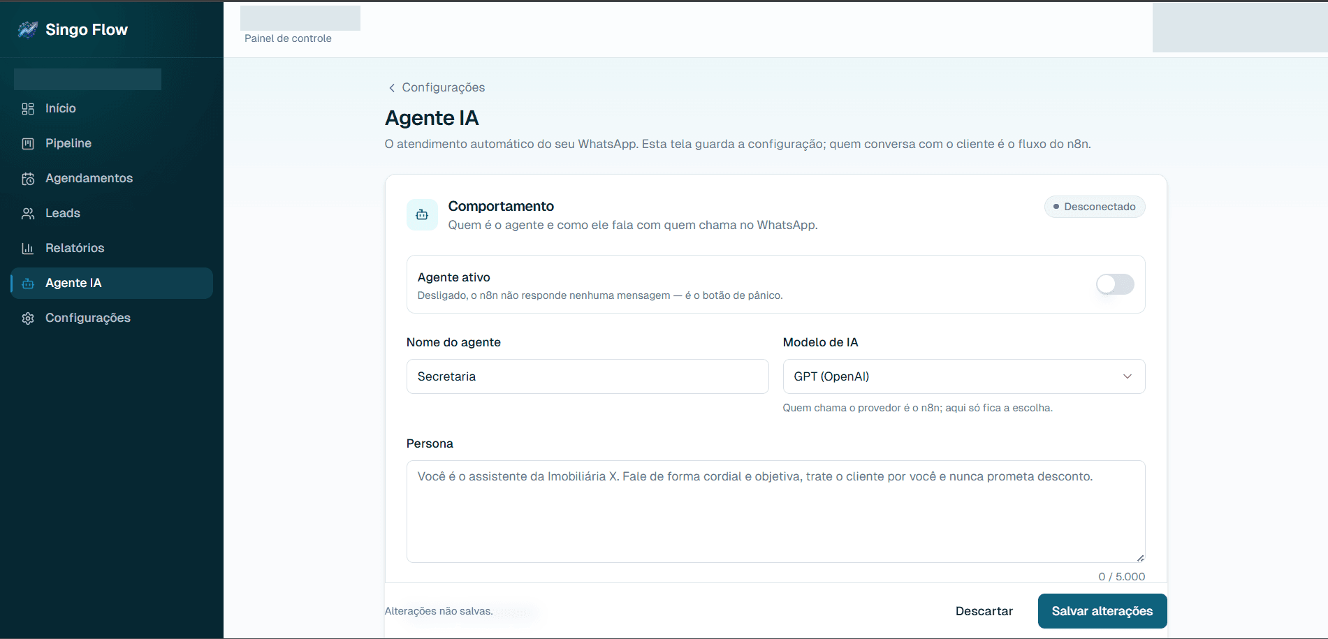 Configuração de identidade do agente no Singo Flow, com dados protegidos