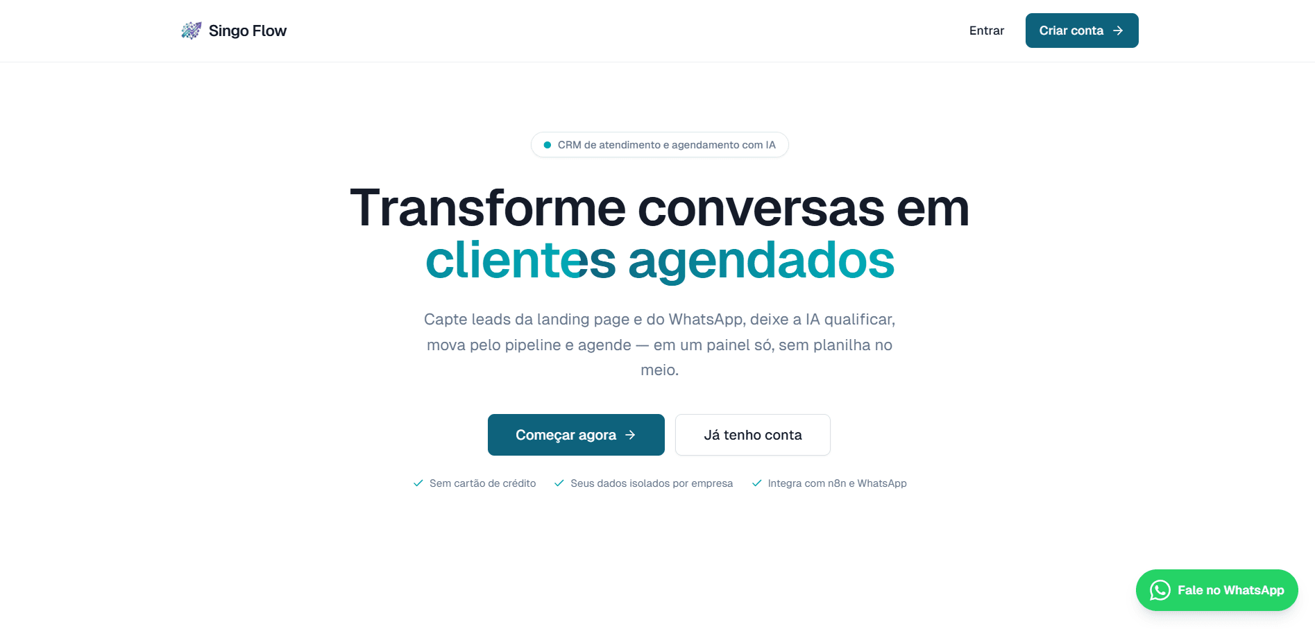 Página pública do Singo Flow com apresentação do CRM e acesso à conta